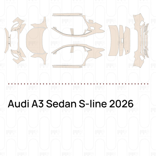 Pre-cut PPF pattern set for the Audi A3 Sedan S-line 2026: outlines of every film piece in the kit.