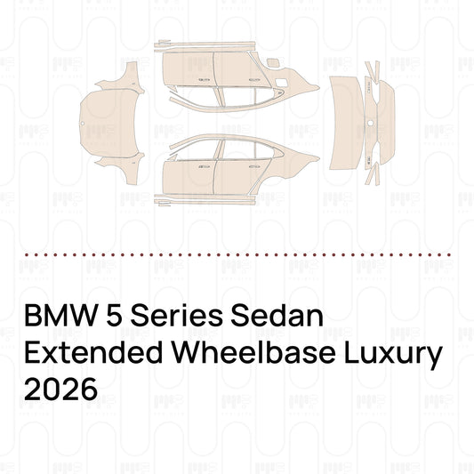 Pre-cut PPF pattern set for the BMW 5 Series Sedan Extended Wheelbase Luxury 2026: outlines of every film piece in the kit.
