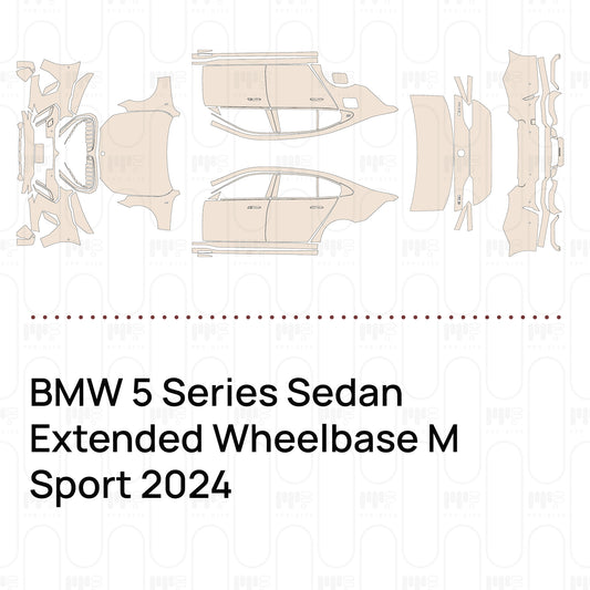 Pre-cut PPF pattern set for the BMW 5 Series Sedan Extended Wheelbase M Sport 2024: outlines of every film piece in the kit.