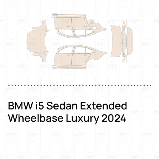 Pre-cut PPF pattern set for the BMW i5 Sedan Extended Wheelbase Luxury 2024: outlines of every film piece in the kit.
