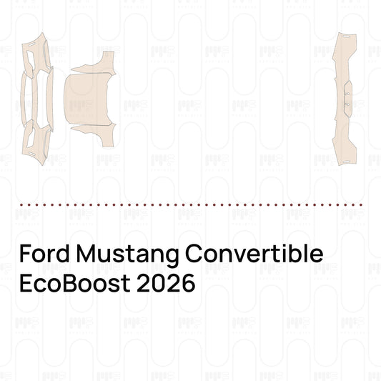 Pre-cut PPF pattern set for the Ford Mustang Convertible EcoBoost 2026: outlines of every film piece in the kit.