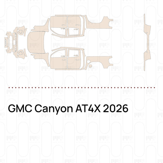 Pre-cut PPF pattern set for the GMC Canyon AT4X 2026: outlines of every film piece in the kit.