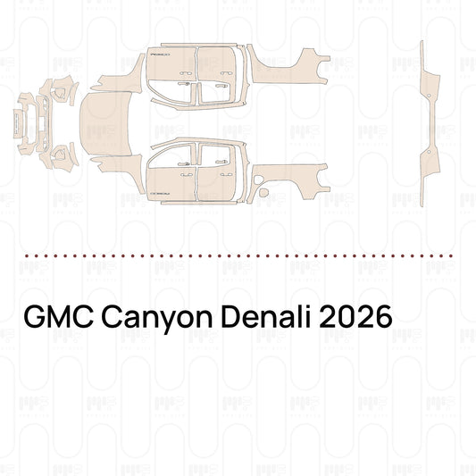 Pre-cut PPF pattern set for the GMC Canyon Denali 2026: outlines of every film piece in the kit.