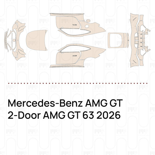 Pre-cut PPF pattern set for the Mercedes-Benz AMG GT 2-Door AMG GT 63 2026: outlines of every film piece in the kit.
