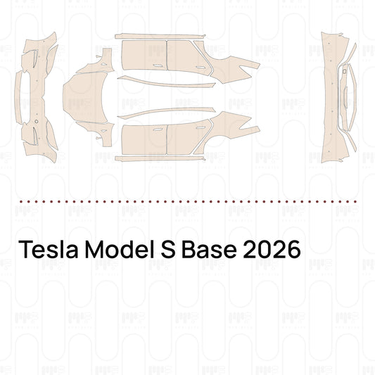 Pre-cut PPF pattern set for the Tesla Model S Base 2026: outlines of every film piece in the kit.