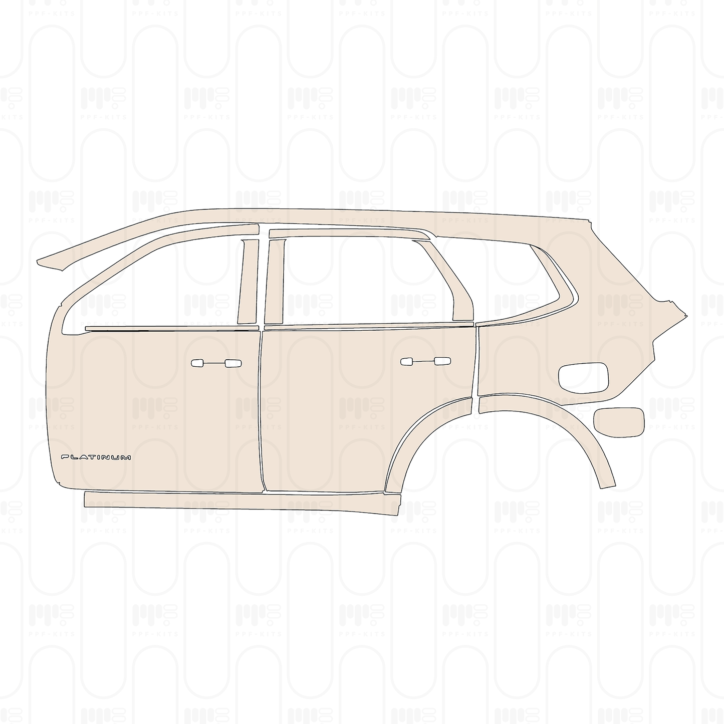 (left) Door+Rear Fender+Side Skirt with "PLATINUM" Emblem on front door, Separate cutting of B‐Pillar and C‐Pillar