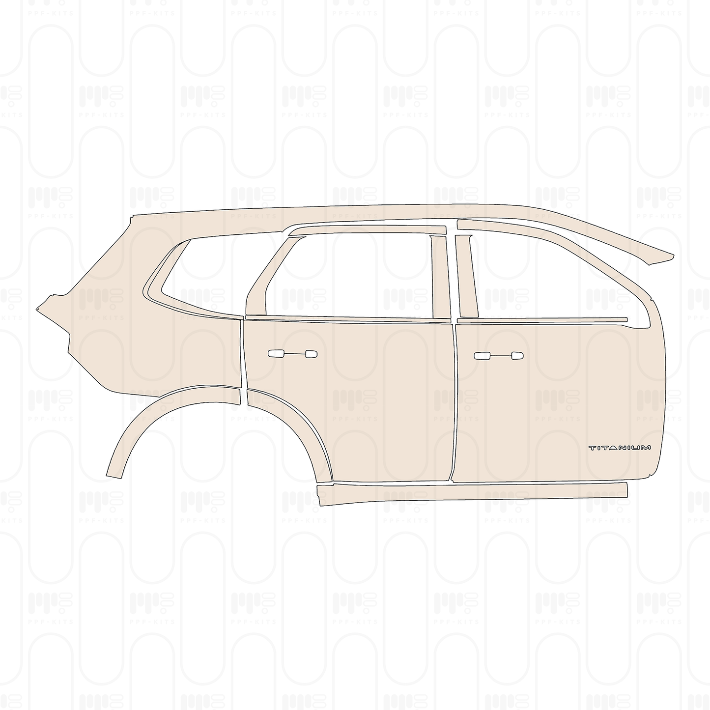 (right) Door+Rear Fender+Side Skirt with "TITANIUM" Emblem on front door, Separate cutting of B‐Pillar and C‐Pillar